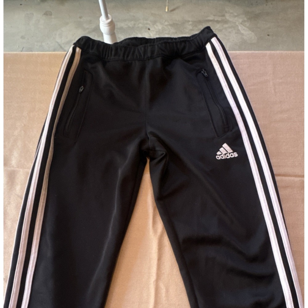 adidas Men's Black Track Pants M Tapered White Stripes Elastic Waist Zip Pocket
